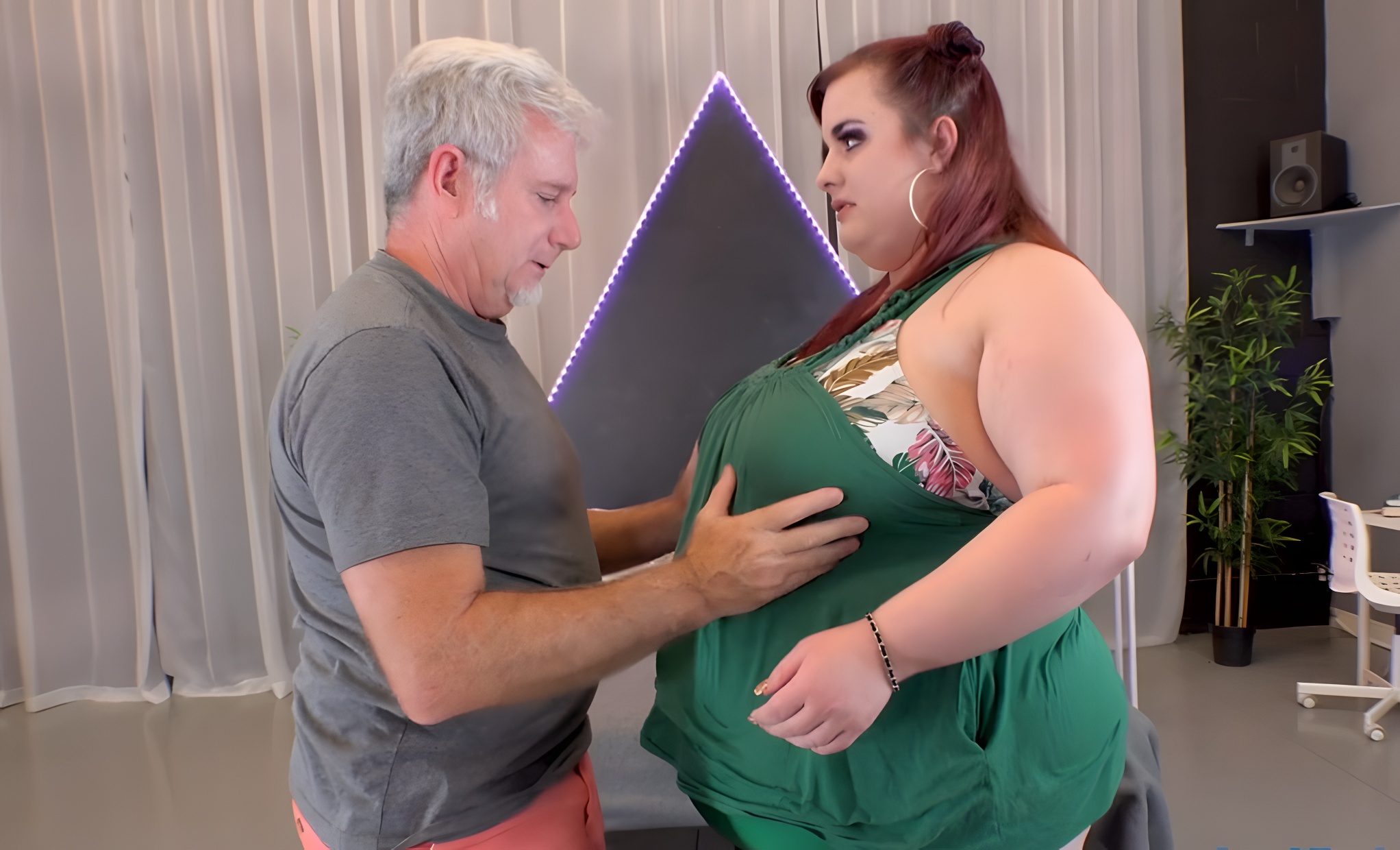Old Man Gropes Big Tits of Young BBW in Green Dress